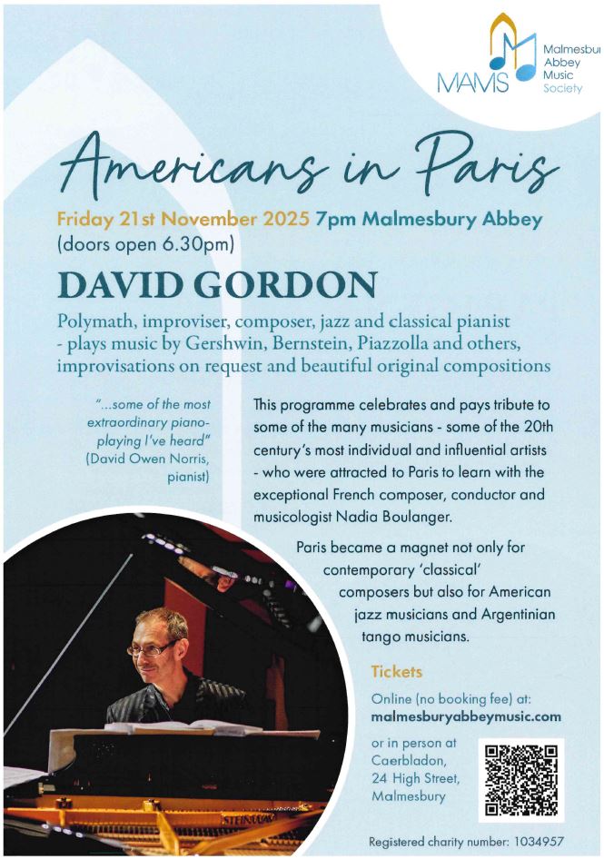 Malmesbury Abbey Music Society  - Americans in Paris with David Gordon